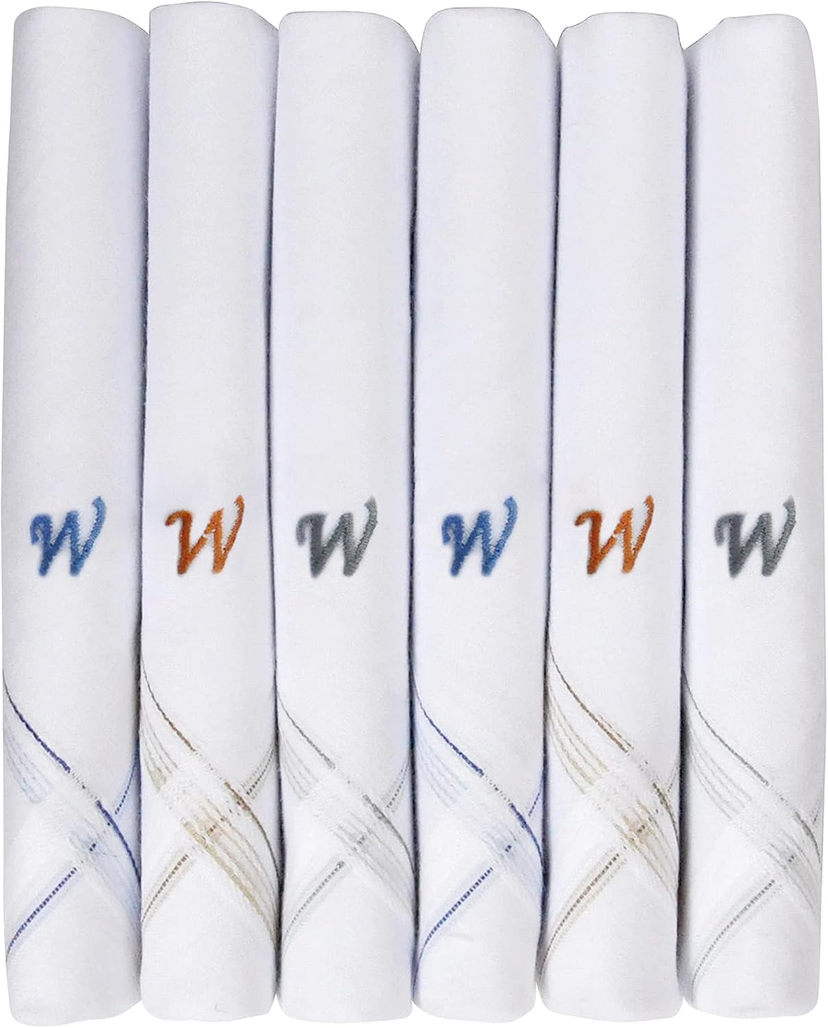 Caruso Italy Men's Initial Monogram Embroidery 100% Pure Cotton Handkerchief White Base With Colored Border - Pack Of 6