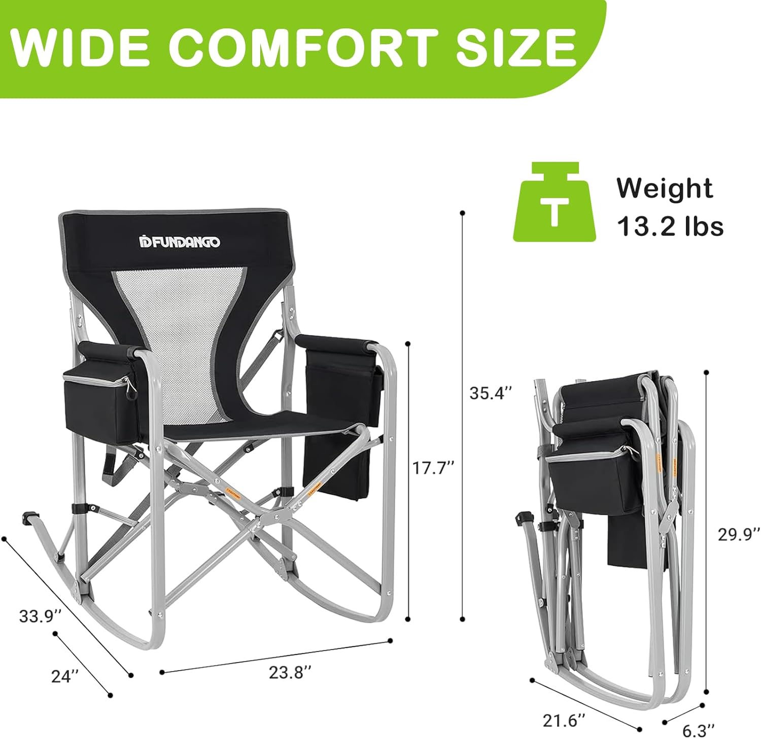 FUNDANGO Rocking Camping Chair for Adults, Oversized Portable Rocking Chair Outdoor Folding with Cooler and Side Pocket for Outside, Backyard, Patio, Lawn, Garden (Black/Grey)