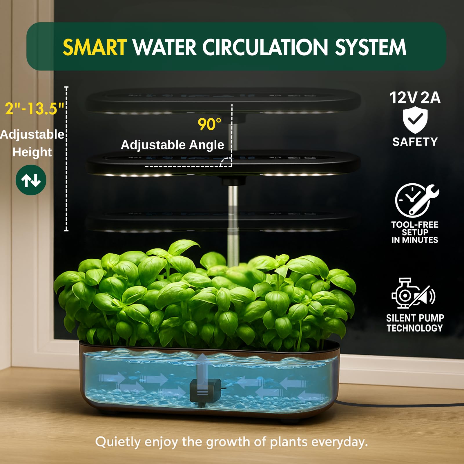 Kit de sistema de cultivo hidropónico, jardín de hierbas para interiores, pantalla LCD mejorada, 14 cápsulas, luz LED de crecimiento silenciosa, bomba de agua inteligente, temporizador