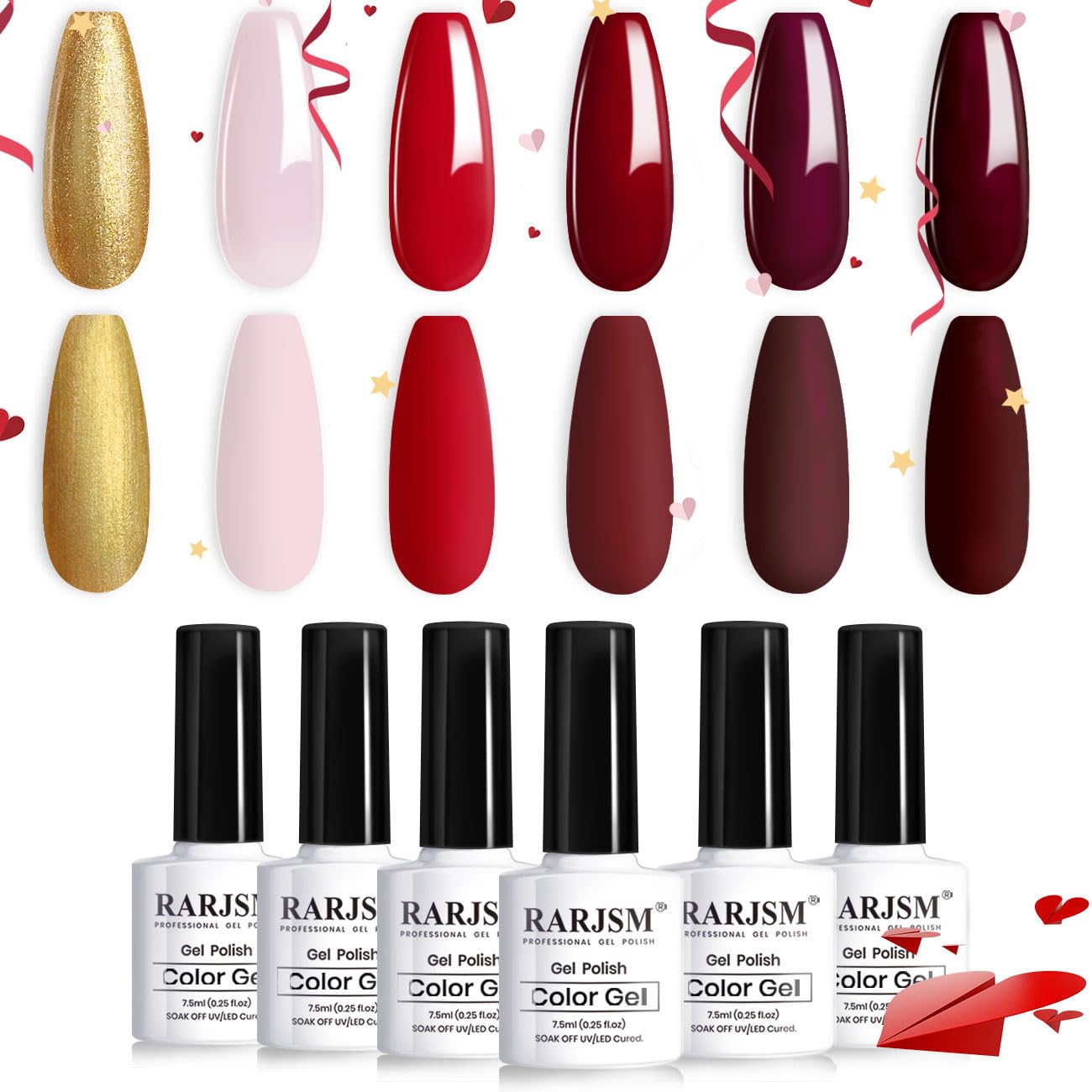 RARJSM Red Fall Winter Gel Nail Polish Kit 6 Colors Gold Glitter Pink Red Wine Burgundy Gelpolish Set Soak off U V Wedding Holiday Gel Nail Polish