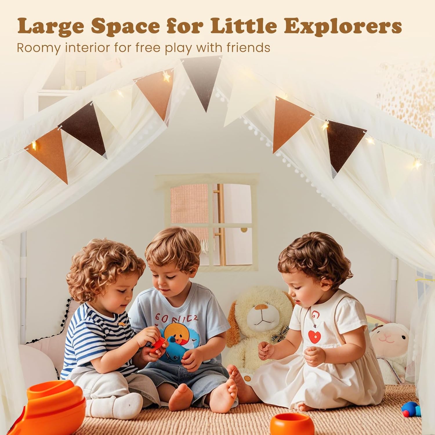 INFANS Kids Play Tent, Large Size Playhouse with Washable Cotton Mat Star Light Windows Plaid Pennants, 57.5” x 38” x 52.5”, Indoor Outdoor Princess Tents Castle for Toddlers Age 3+ Years Old