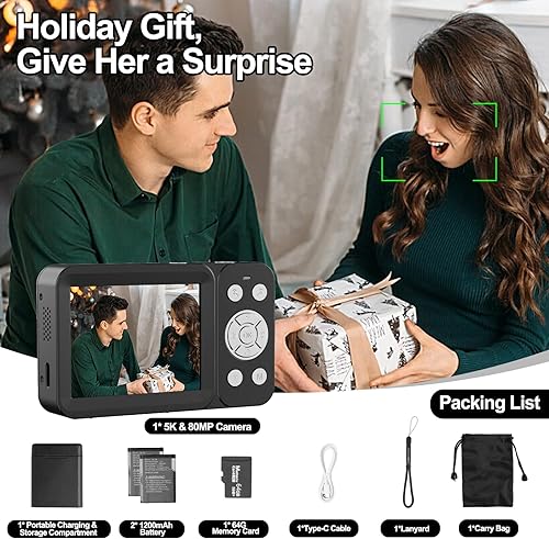 Miniatura 6 de Cámara digital de doble pantalla 5K mejorada, cámara de fotografía de vlog de 80 MP para YouTube, campus, viajes, cámara compacta de apuntar y