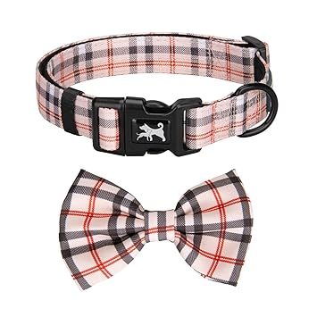 PoyPet Plaid Dog Collar Bow Tie Set - Cute Adjustable Soft for Small Puppy (Checkered Beige,S)