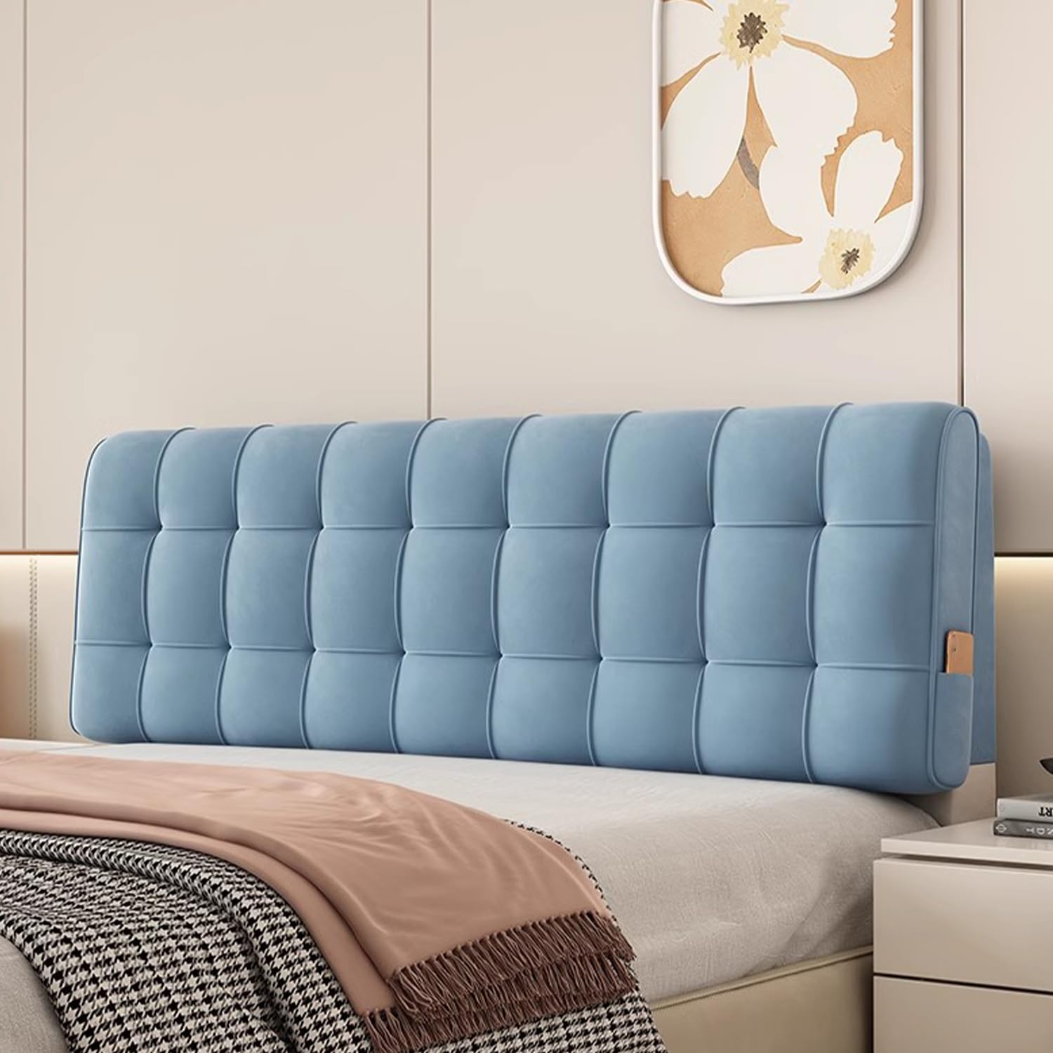 LZTET Bed Reading Cushion,Dutch Velvet Fabric,Thicken Anti-Scratch Anti-Dust Double Bed Headboard Cover,Washable Protector Slipcover For Bedroom Decoration(160 * 60 * 6cm(Straps),Blue)