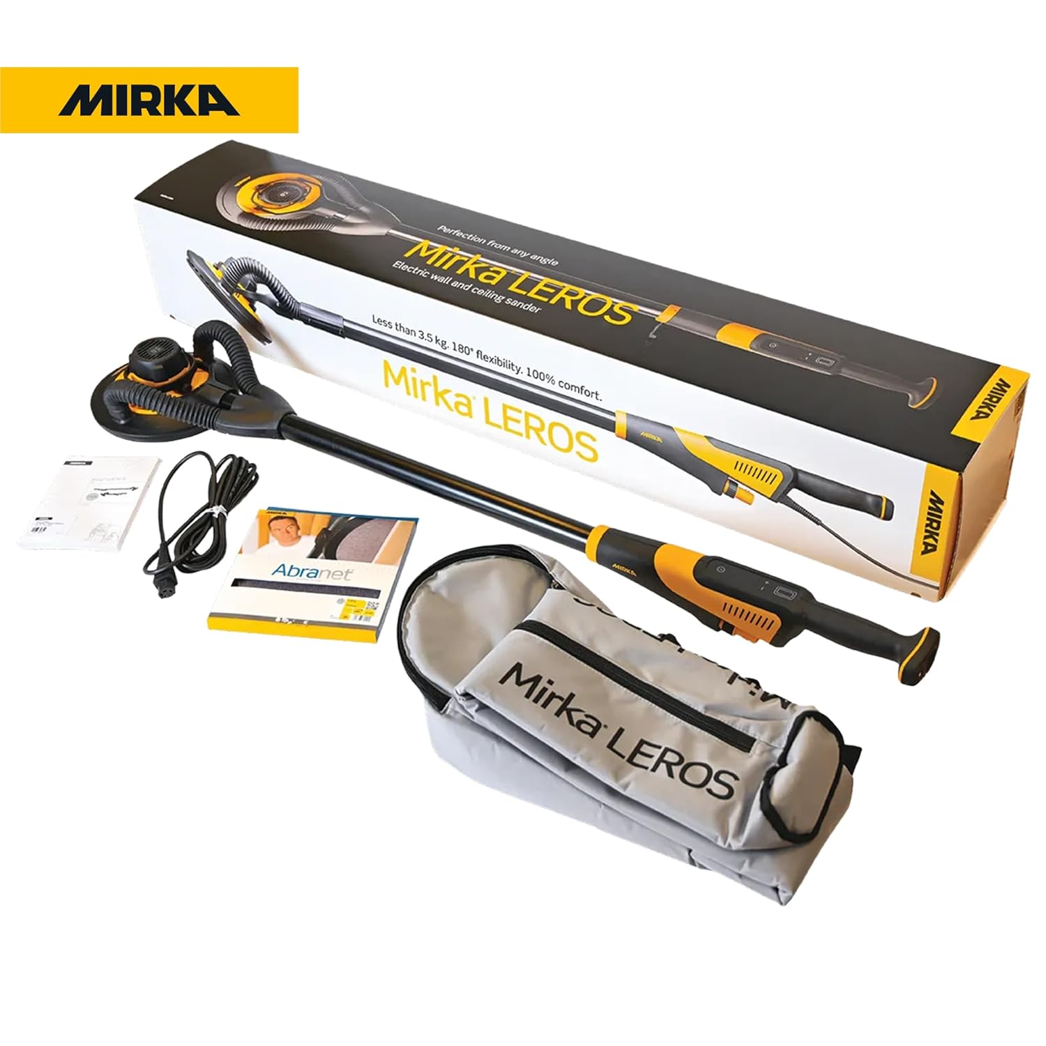 Mirka LEROS Electric Vacuum Drywall Sander Pole – Ergonomic Lightweight 7.1 lb Tool with 9″ Orbital Head, 180° Flexible Design, Dual Suction for Dustless Walls Ceilings Painting Prep