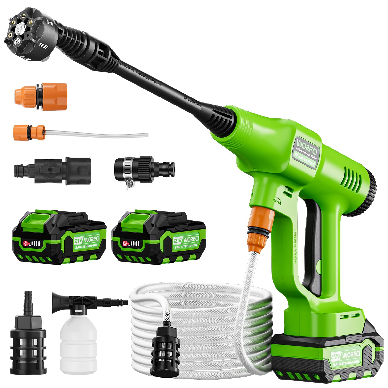 Idropulitrice senza fili da 21 V, rondella portatile a batteria 6 in 1 con 2 batterie e caricabatterie, tubo intrecciato da 6,5 m per la pulizia di auto/patio