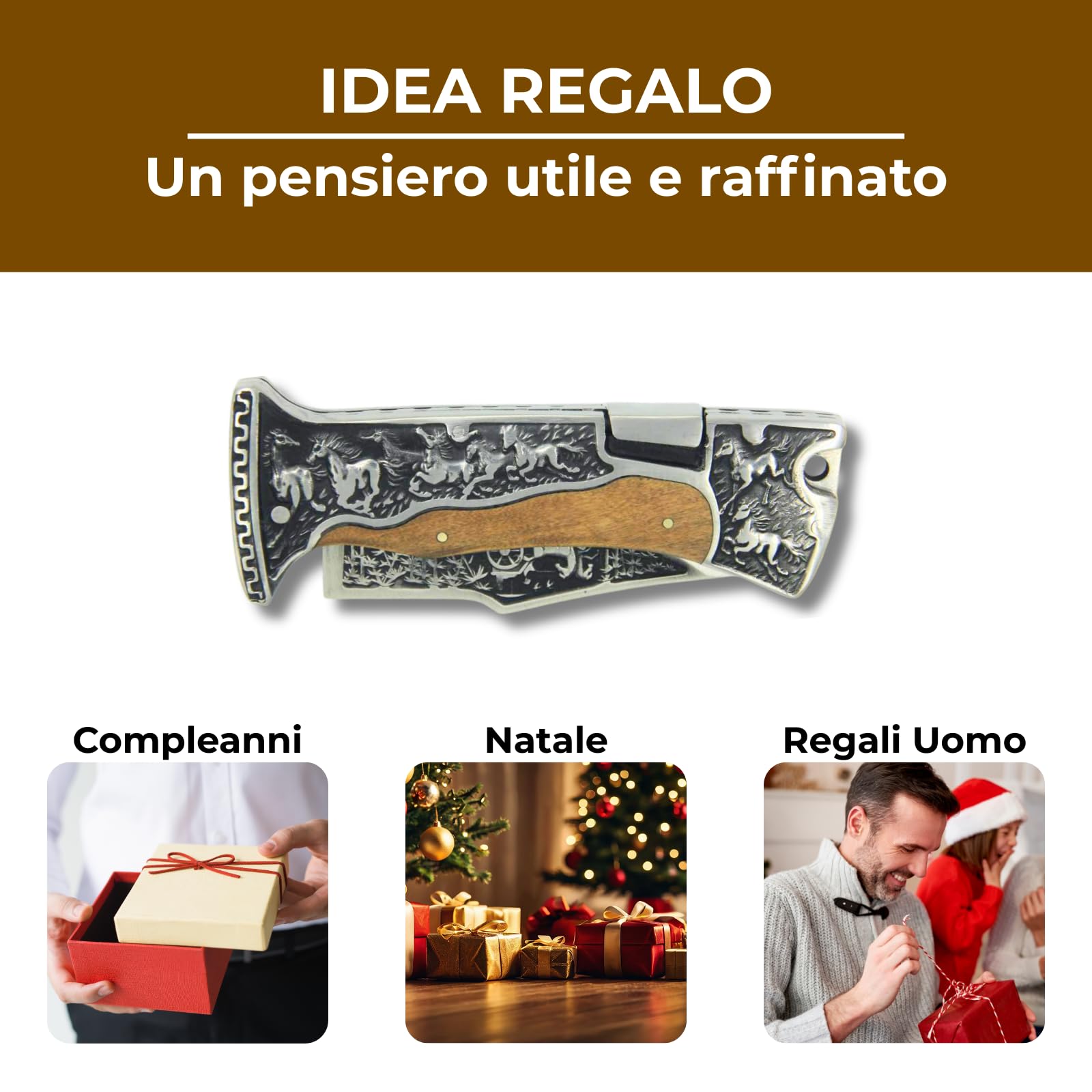 Generico Coltello Pieghevole Tascabile con Manico Effetto Legno, Design Elegante e Decorativo con Cavalli, Compatto e Leggero, Ideale per Uso Quotidiano, Outdoor Leggero e Idea Regalo Uomo