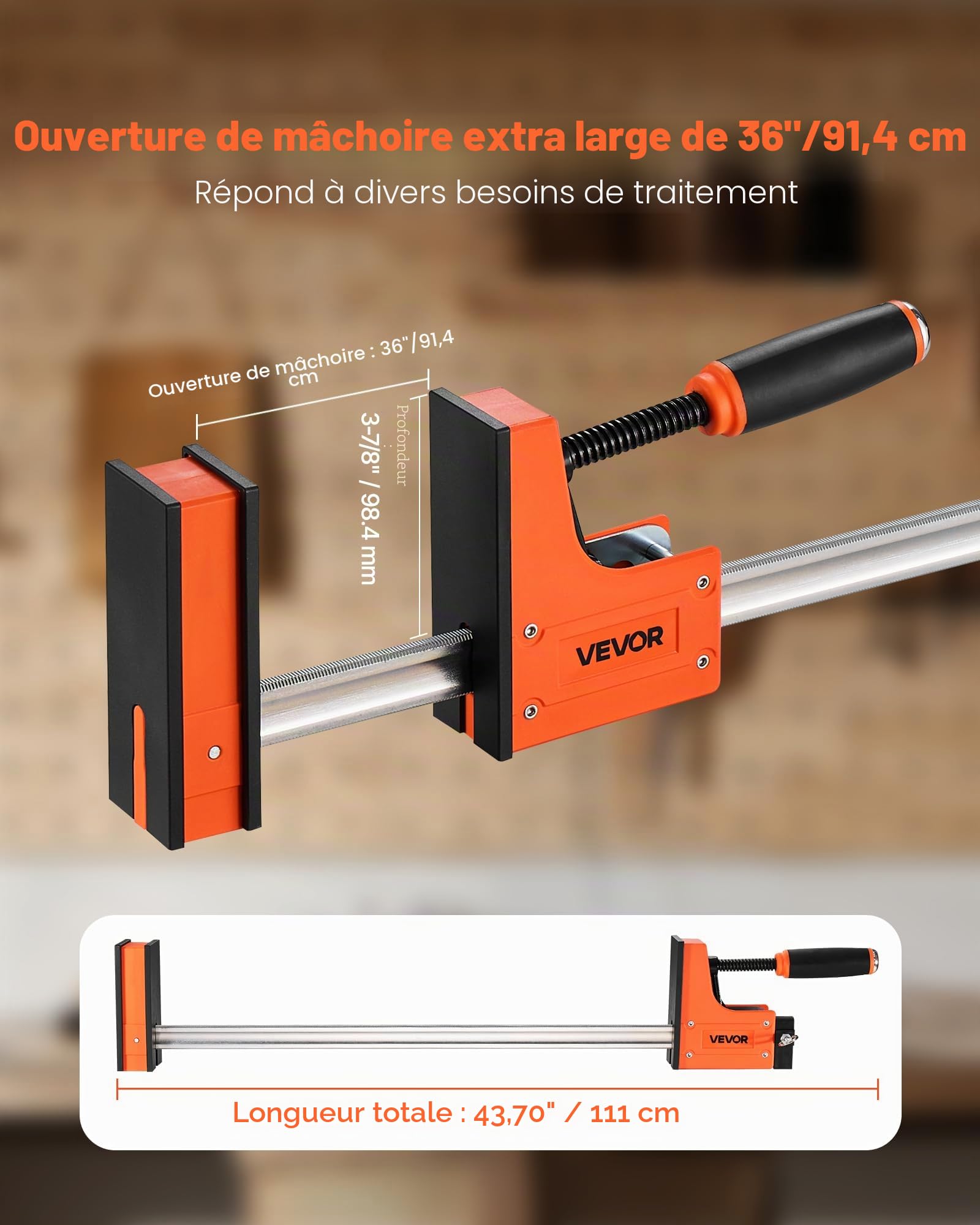 VEVOR Serre-Joints Parallèles 2PCs Ouverture de la Mâchoire 91,4 cm, Pince Écarteur en F avec Limite de Charge de 680 kg, Pression Uniforme, en Plastique et Acier au Carbone, Menuisier Métallurgie