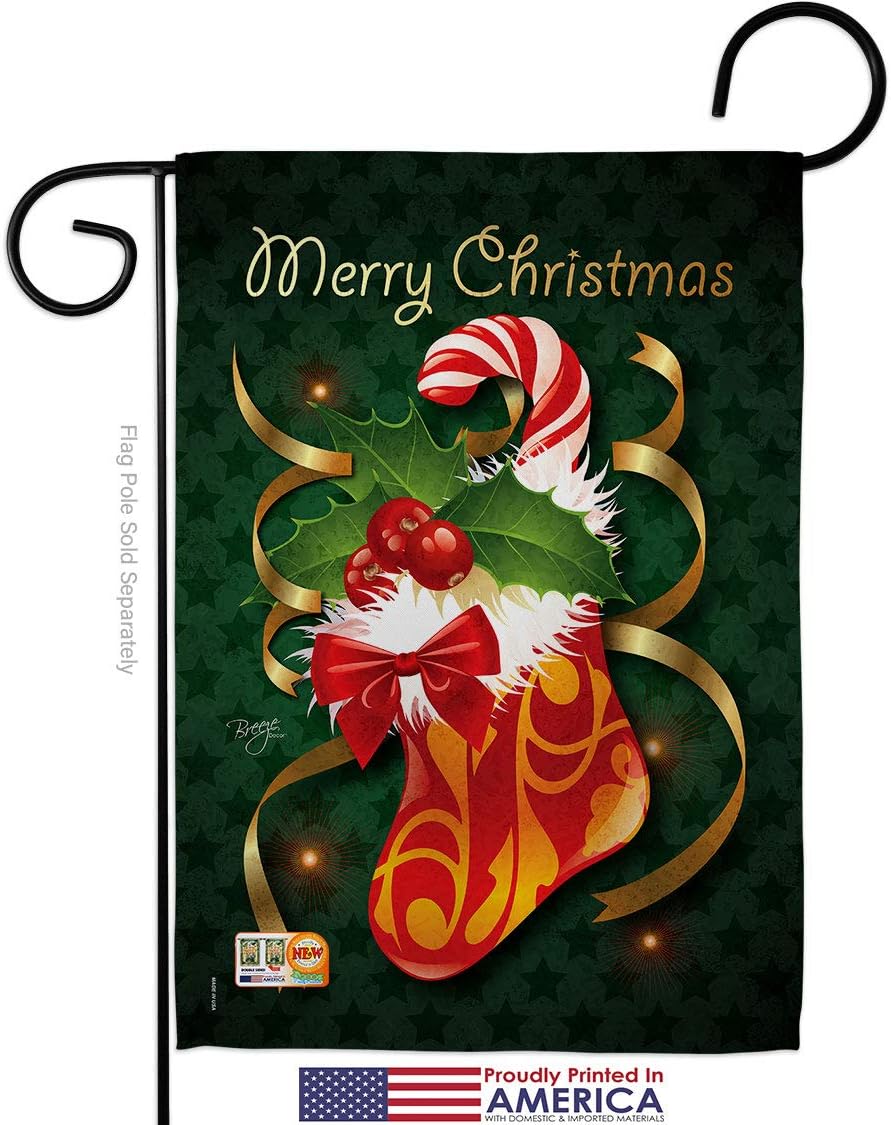 Xmas Stocking Garden Flag Set Wall Holder Wintertime Christmas Santa Marry Present Reindeer Season Snow Small Decorative Gift Yard House Banner Made In USA 13 X 18.5