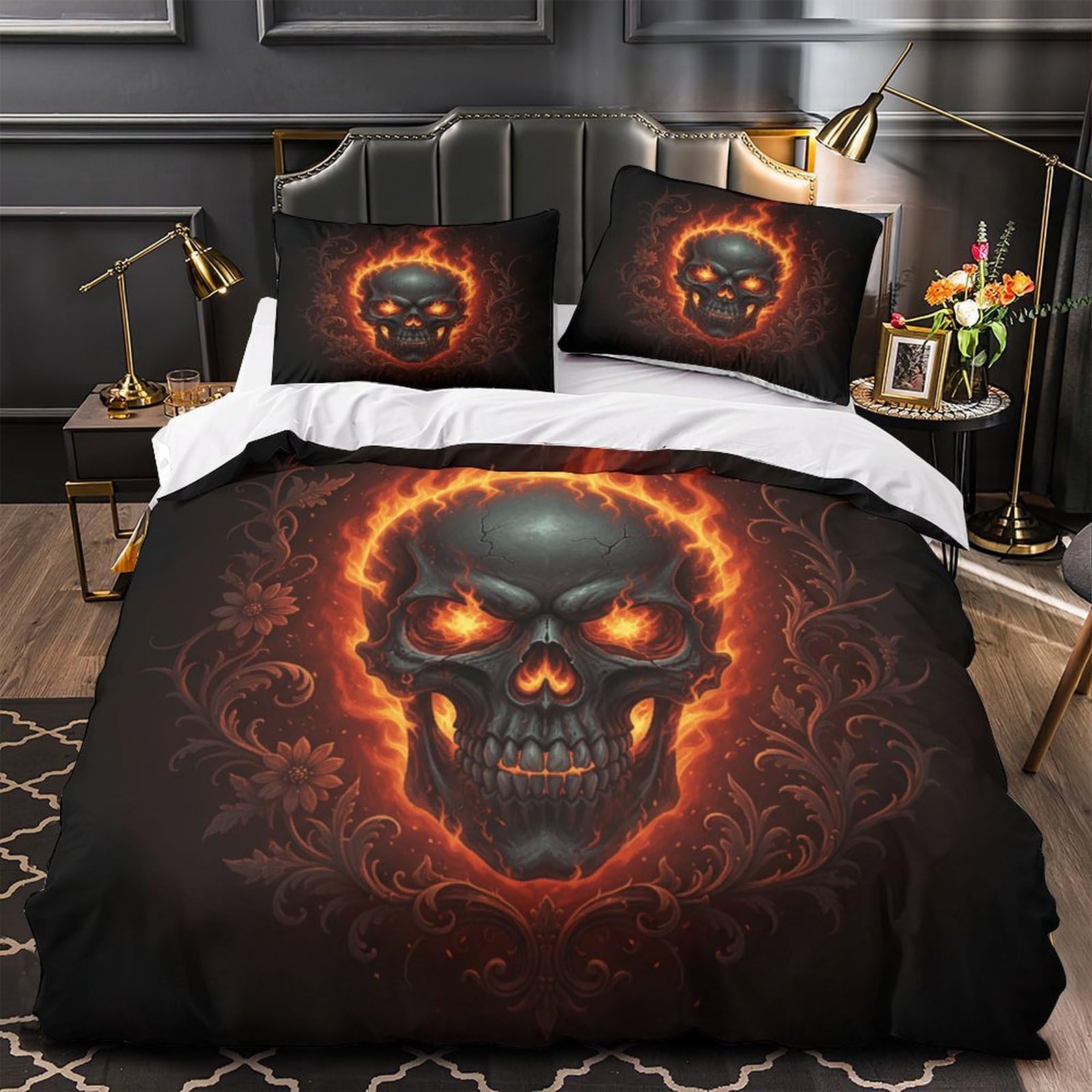Parure de lit crâne enflammé 3D pour une chambre adulte au style gothique moderne