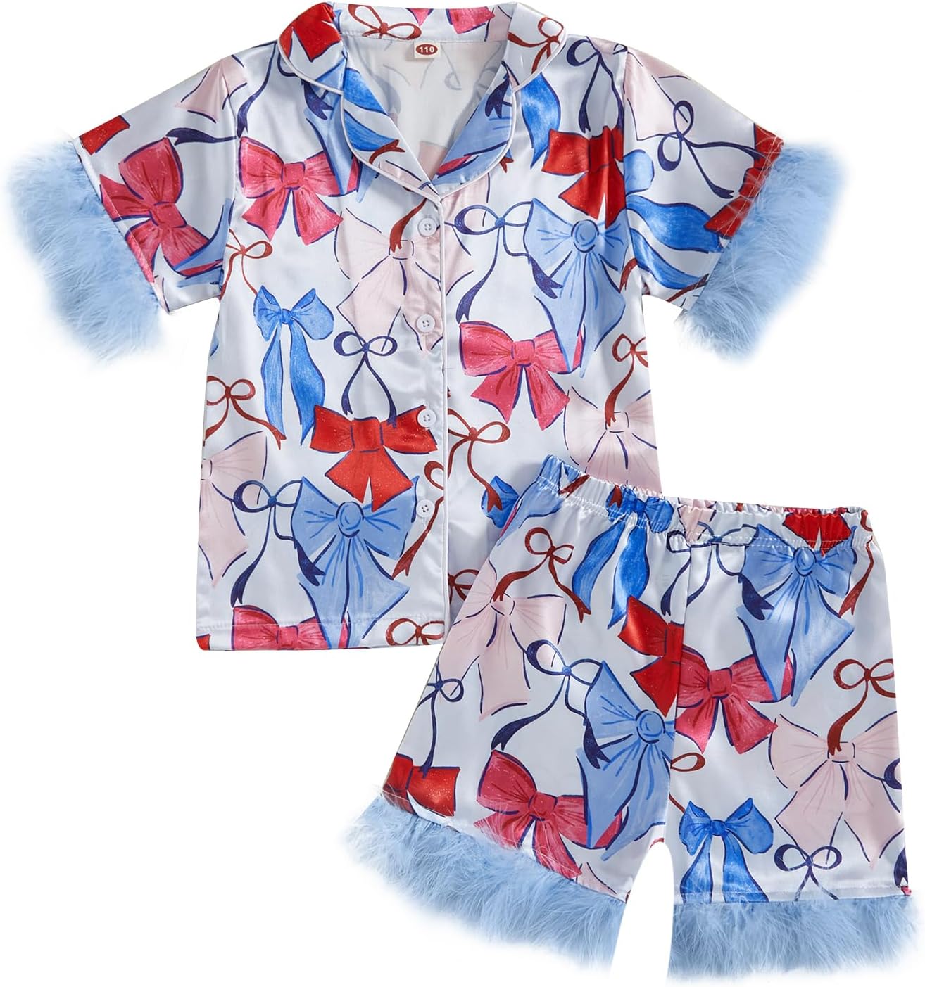 fyclemt Toddler Baby Girls Summer Silk Pjs Feather Trim Short Sleeve Shirts Shorts Satin Pajama Set Pjs Sleepwear Nightgown
