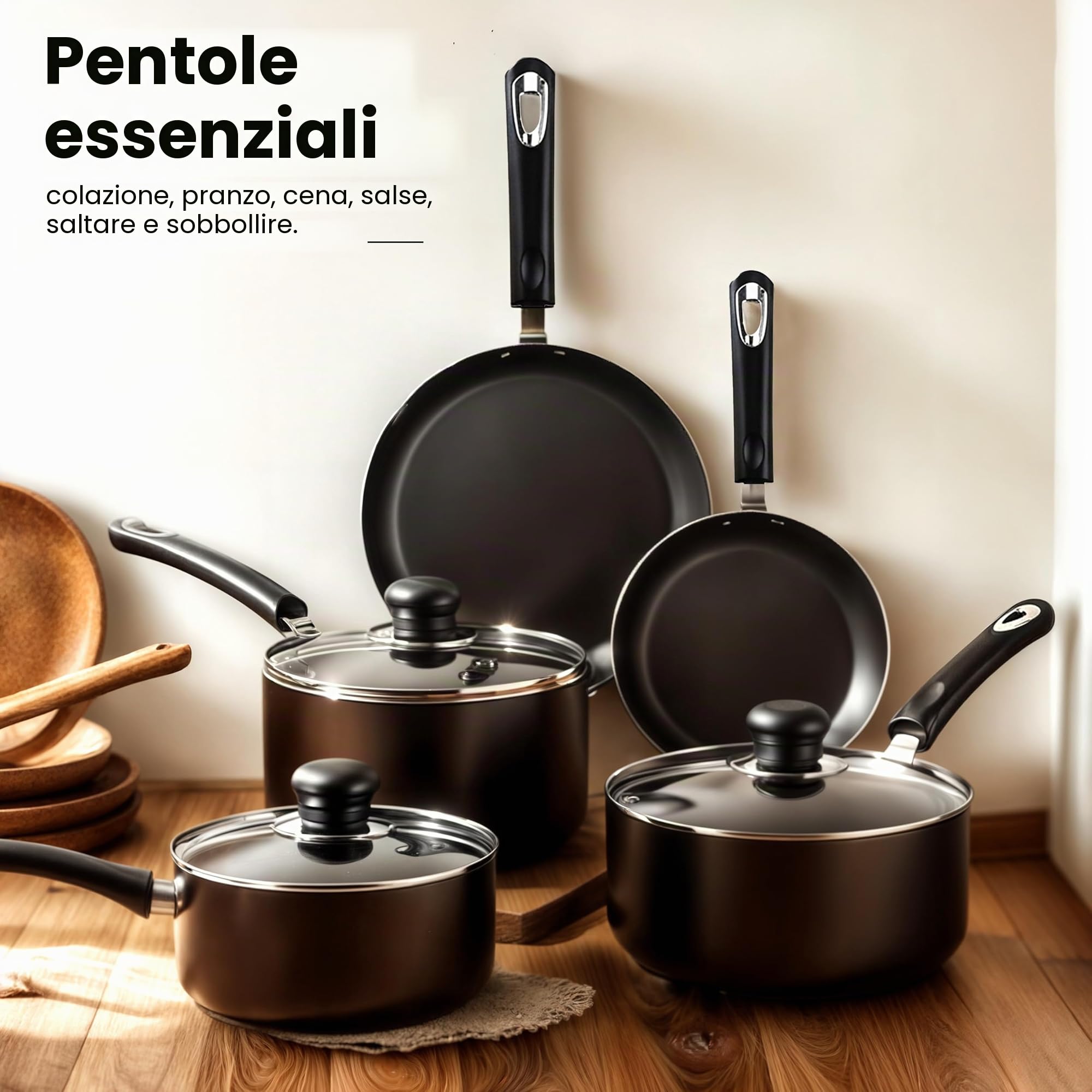 KICHLY Set di pentole e padelle antiaderenti, 5 pezzi, padelle a induzione da 20 cm, 28 cm, casseruola con coperchi 20 cm, 18 cm, casseruola non a induzione da 16 cm, set di pentole lavabili in