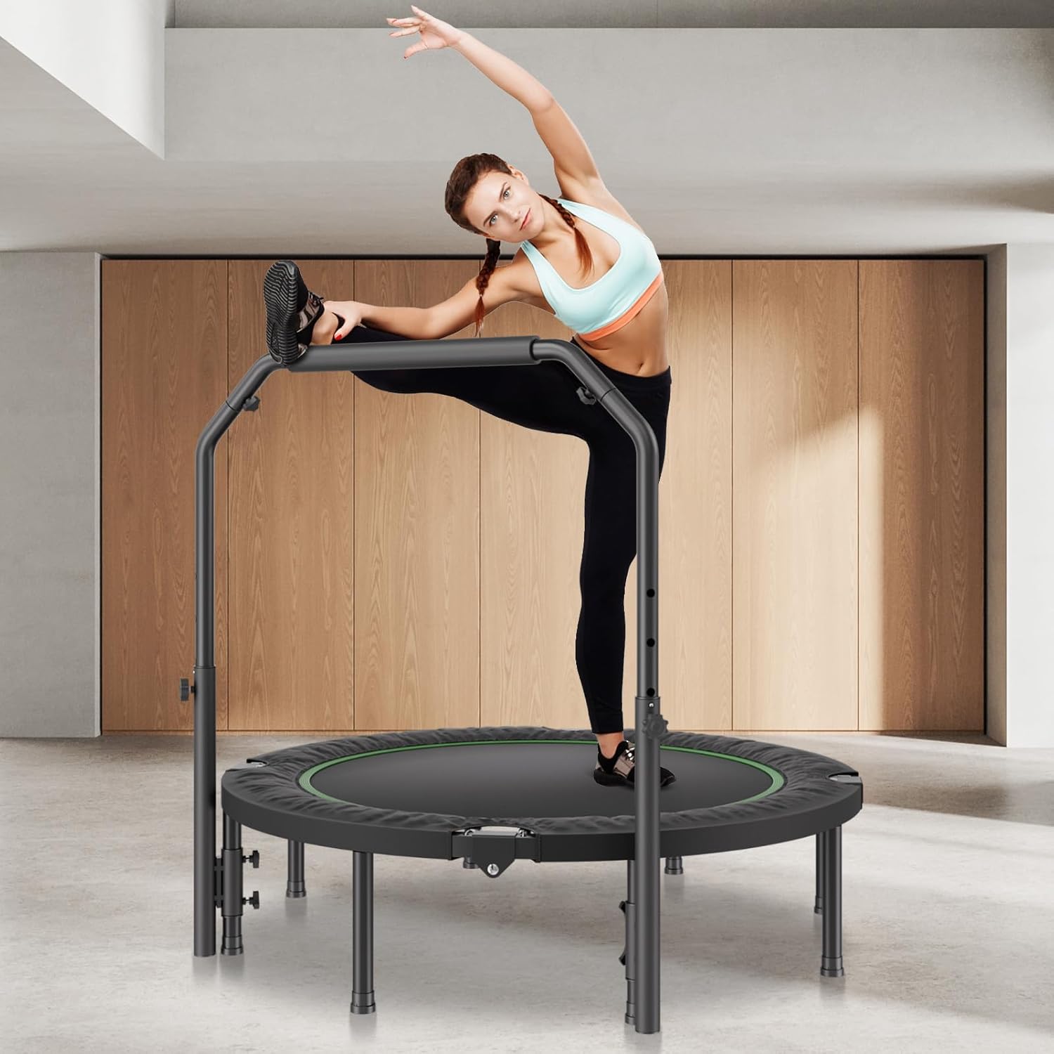VEVOR Foldable Mini Trampoline, 51 Inch Fitness Rebounder, Max Load 450lbs Exercise Trampoline, Stable & Quiet Trampoline with 4 Level Height Adjustable Foam Handle, for Adults Indoor/Garden Workout