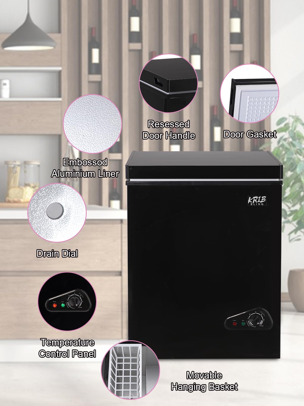 Krib Bling Chest Freezer Adjustable Thermostat With Removable Storage Basket For House Kitchen Garage Basement 3.5 Cu.Ft Black on Fridge.com - View 6