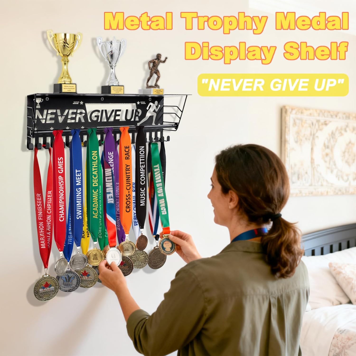 Fasmov Medal Hanger Display with Trophy Shelf, 16" Medal Holder Awards Trophy Display Trophy Shelf with 21 Hooks,Wall Mount Heavy Duty Award Hanger Rack for Running Race Wrestling Medals, Black