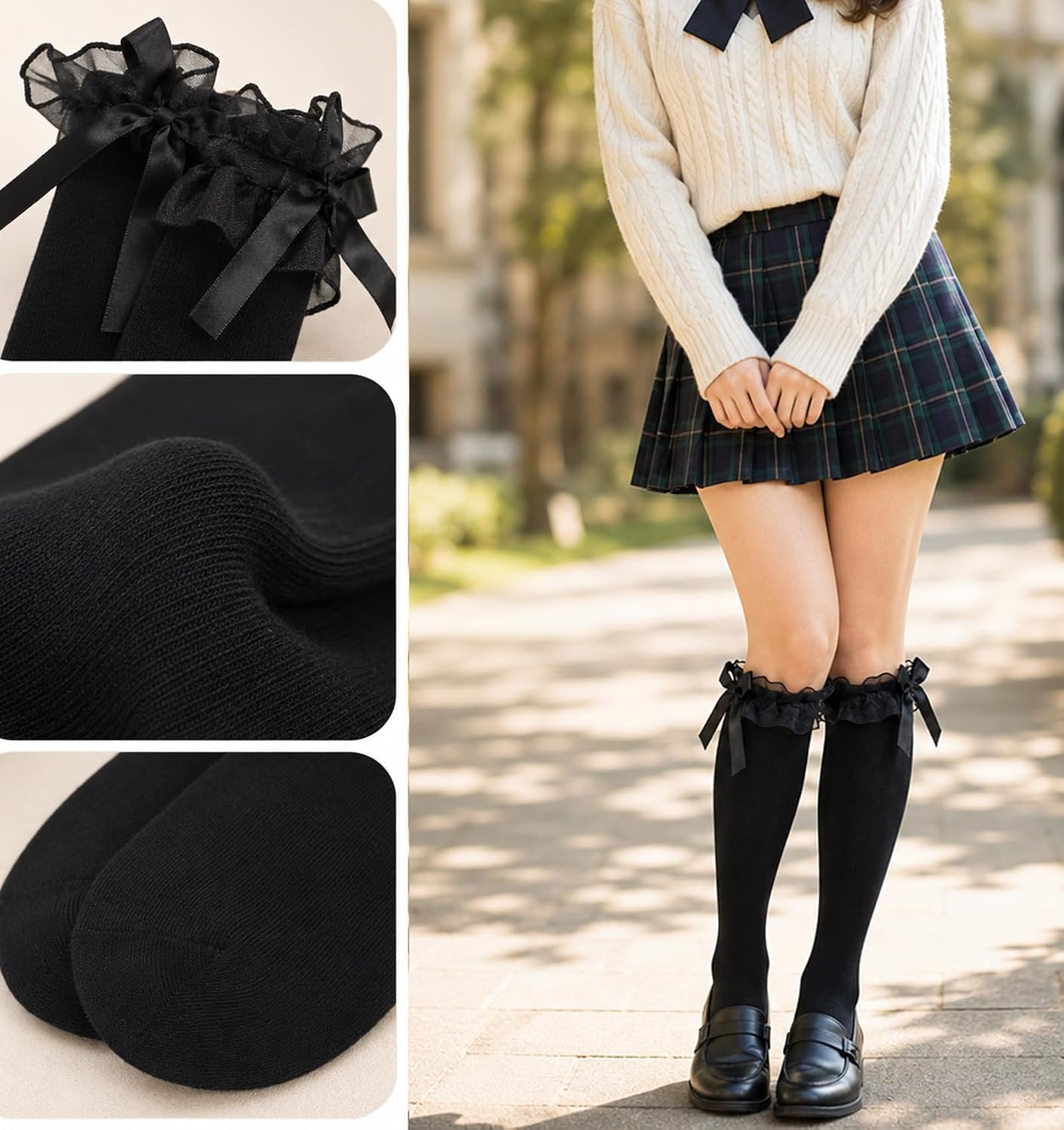 2 Pairs Lolita Socks, Cotton School Socks for girls with Bows, White&Black