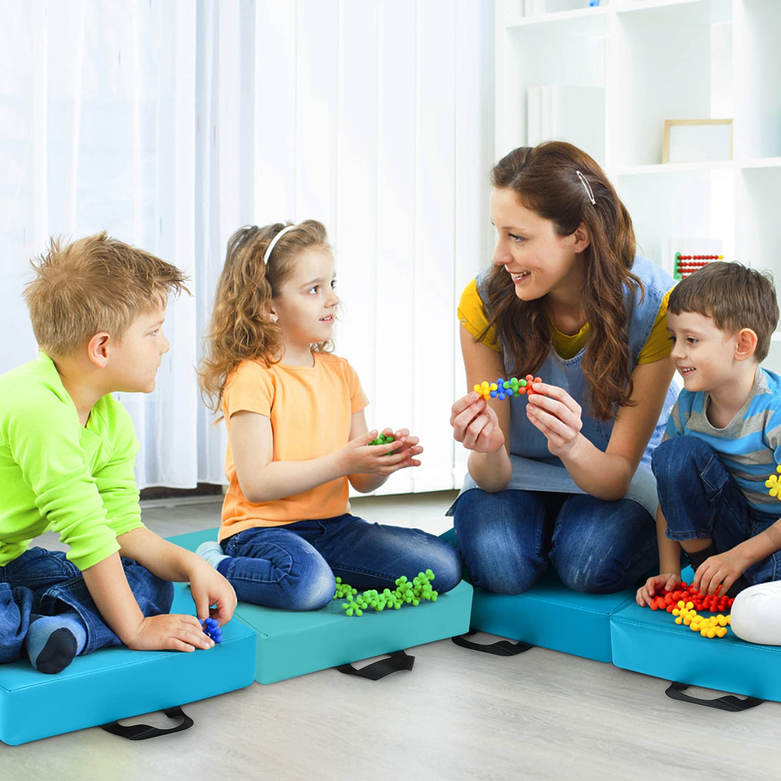 DREAMADE 6 PCS Bodenkissen mit Griff, Rundkissen aus Schaumstoff & PU, Stuhlkissen Sitzkissen für Kinder zur Farberkennung, Für Wohnzimmer, Kinderzimmer, Esszimmer, Garten (Quadrat, Blau)