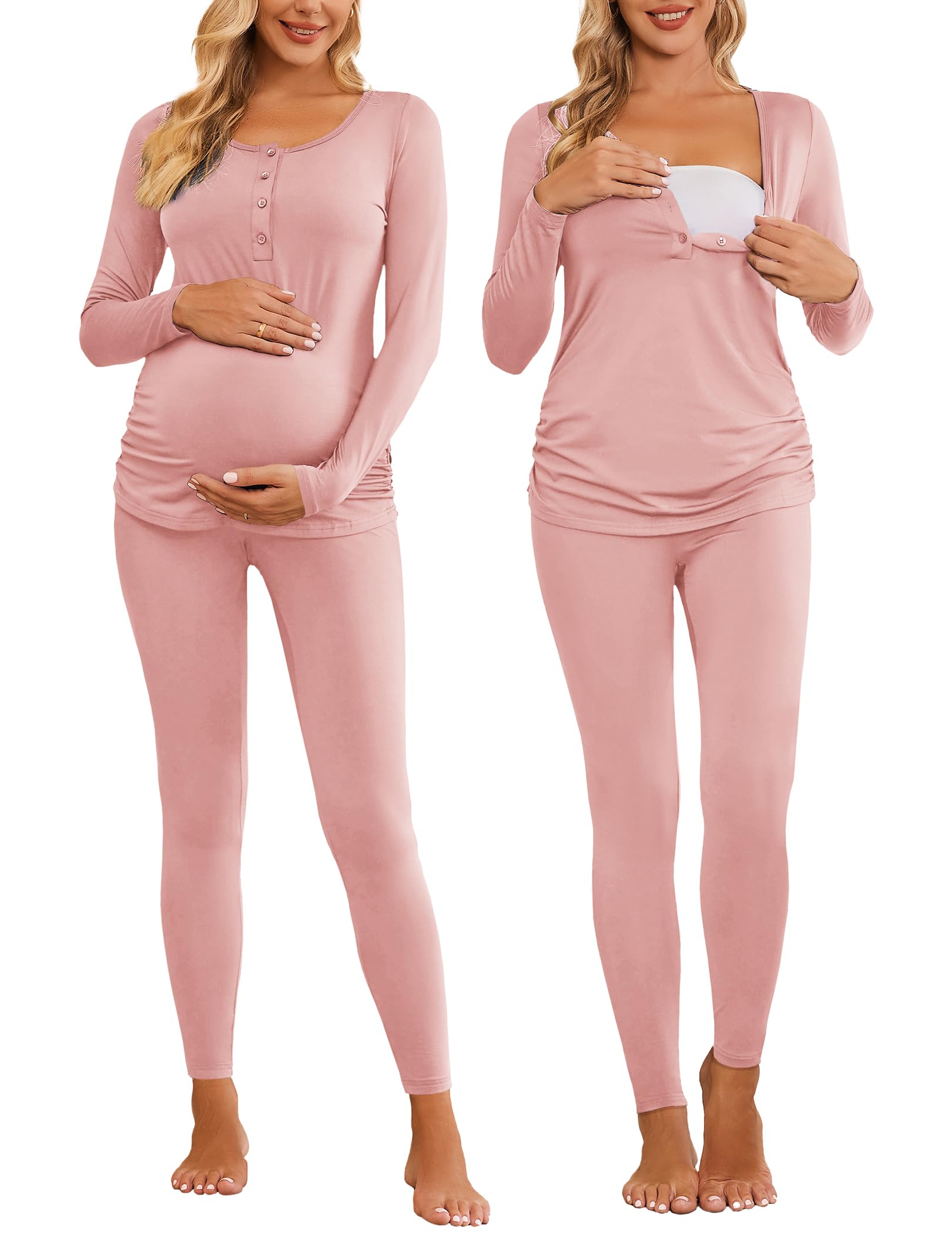 Ekouaer Women's Button Down Nursing Thermal Underwear Maternity Pajamas Microfiber Fleece Lined Winter Pjs Set Long John Set