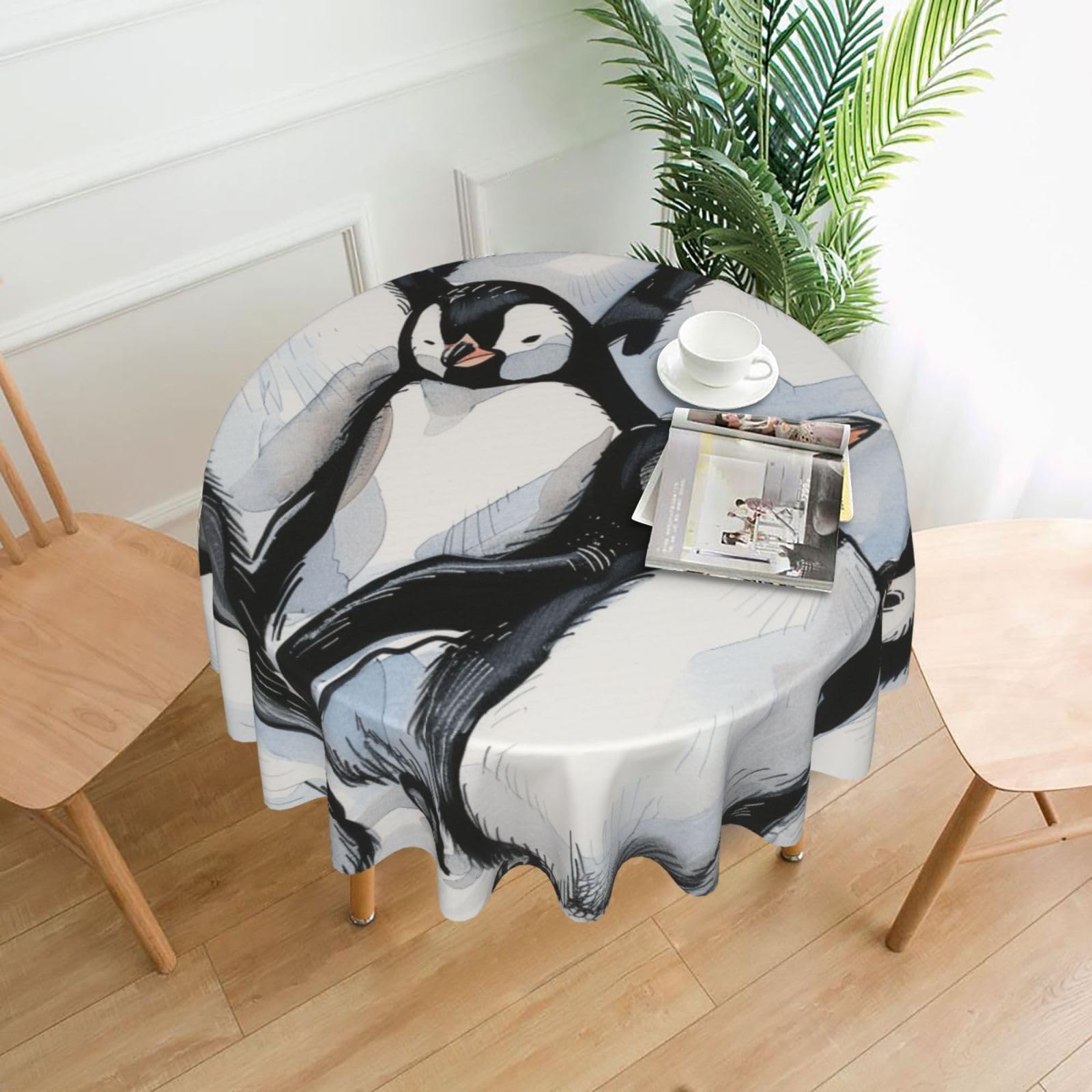 WPKJU Cute Baby Penguins Sketch Printed Round Tablecloth 60 in Water Resistant Table Cover Washable Table Cloth for Dining Tables