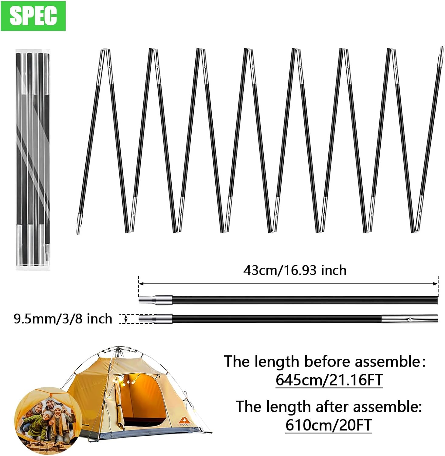 2PCS 20Feet Length Tent Poles, Glass Fiber, Black, Straight, 9.5mm Diameter, 15 Sections, Suitable for 4-5 Person Tents, Replacement Poles, Awning Brackets, Tarps, Shelters, Awnings