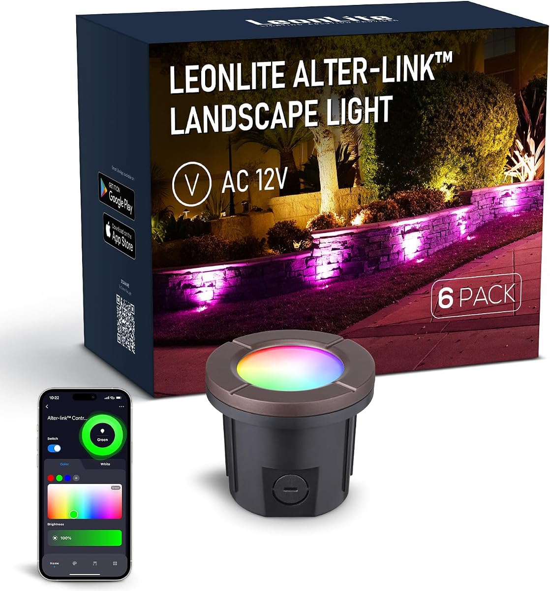 LEONLITE 6-Pack Alter-Link Series RGBCW Well Lights Landscape LED In Ground | 12V-15V AC Smart Color Changing Outdoor Low Voltage Well Lights, 1800K-5000K, Bi-Flow Controller Not Included