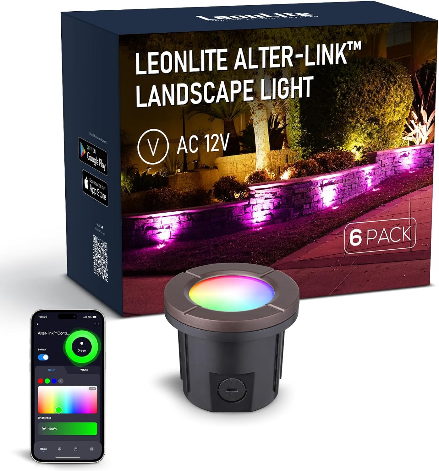LEONLITE Alter-Link Series RGBCW Well Lights Landscape LED In-Ground Outdoor, 12V-15V AC Smart Color Changing Low Voltage Well Lights, 1800K-5000K, Bi-Flow Controller Not Included, Pack of 6