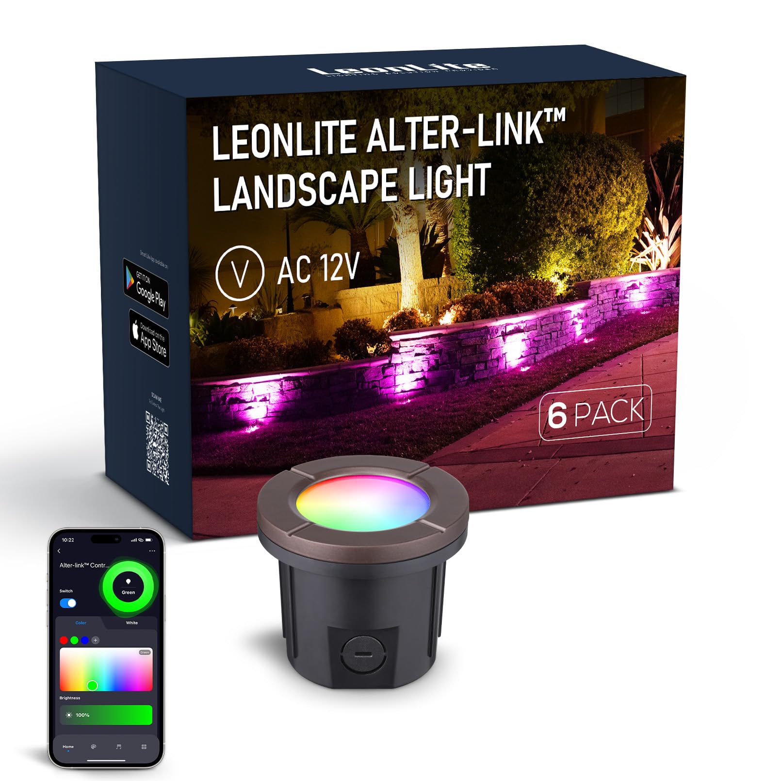 LEONLITE Alter-Link Series RGBCW Well Lights Landscape LED In-Ground Outdoor 12V-15V AC Smart Color Changing Low Voltage Well