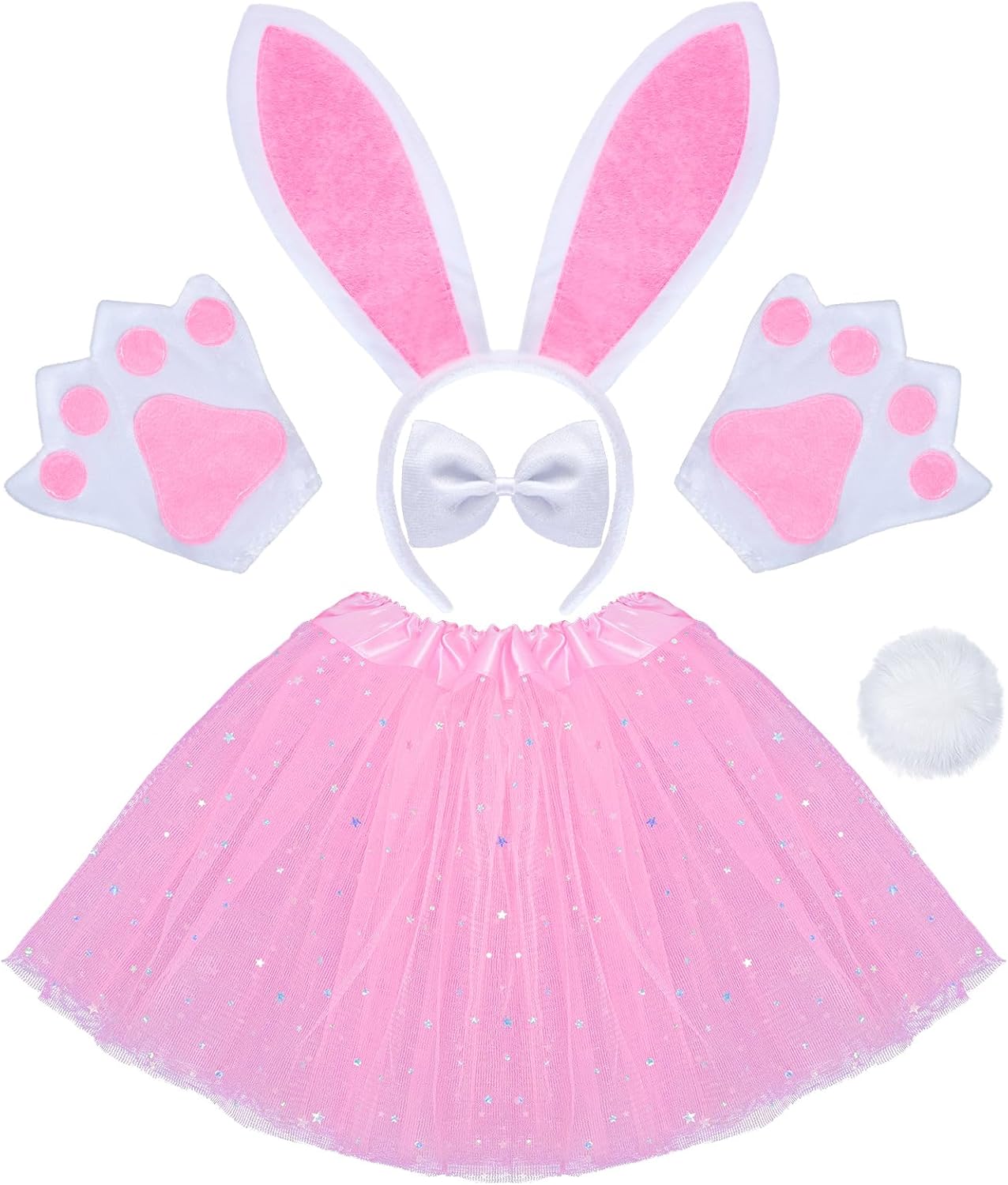5 Pcs Bunny Costume Set Sequin Tutu Skirt Headband Bowtie Bunny Paws and Tail for Halloween Party