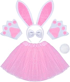 5 Pcs Bunny Costume Set Sequin Tutu Skirt Headband Bowtie Bunny Paws and Tail for Halloween Party