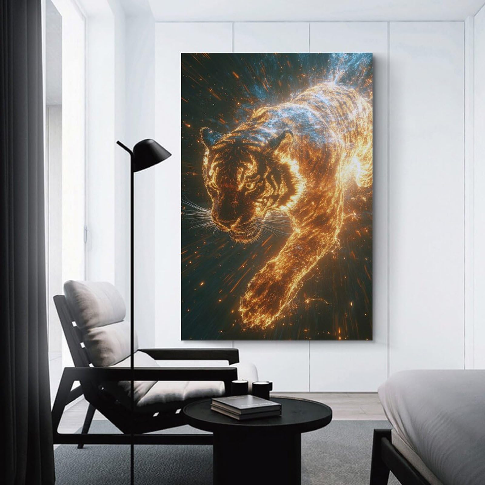 Junmoney Unframe-Style-2 Fiery Tiger In Cosmic Space Canvas Wall Art 24X36inch(60X90cm), For Workspace Walls, Study Corners Or Bedrooms, Wall Art That Adds Style To Work Areas