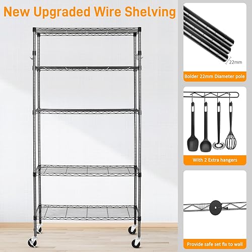 Miniatura 6 de Estantes de almacenamiento de 5 niveles con ruedas, capacidad de 1750 libras, estanterías resistentes, estante de metal ajustable de 14 x 36 x 75