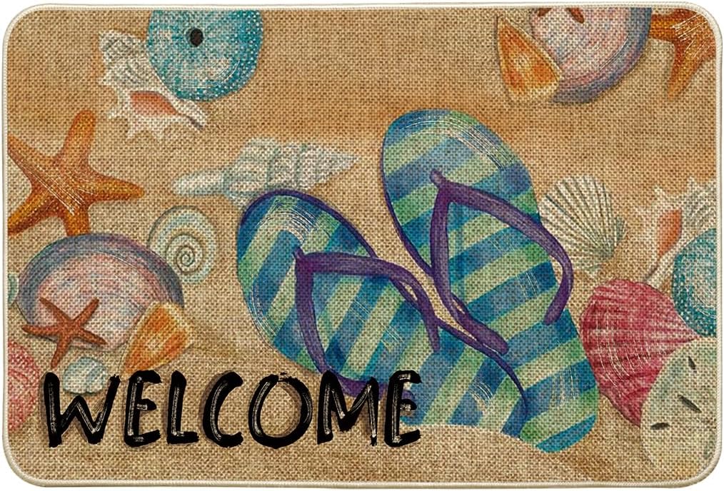 Artoid Mode Shells Beach Flip-Flops Welcome Summer Doormat, Seasonal Summer Holiday Yard Floor Switch Mat for Indoor Outdoor 24x35 Inch