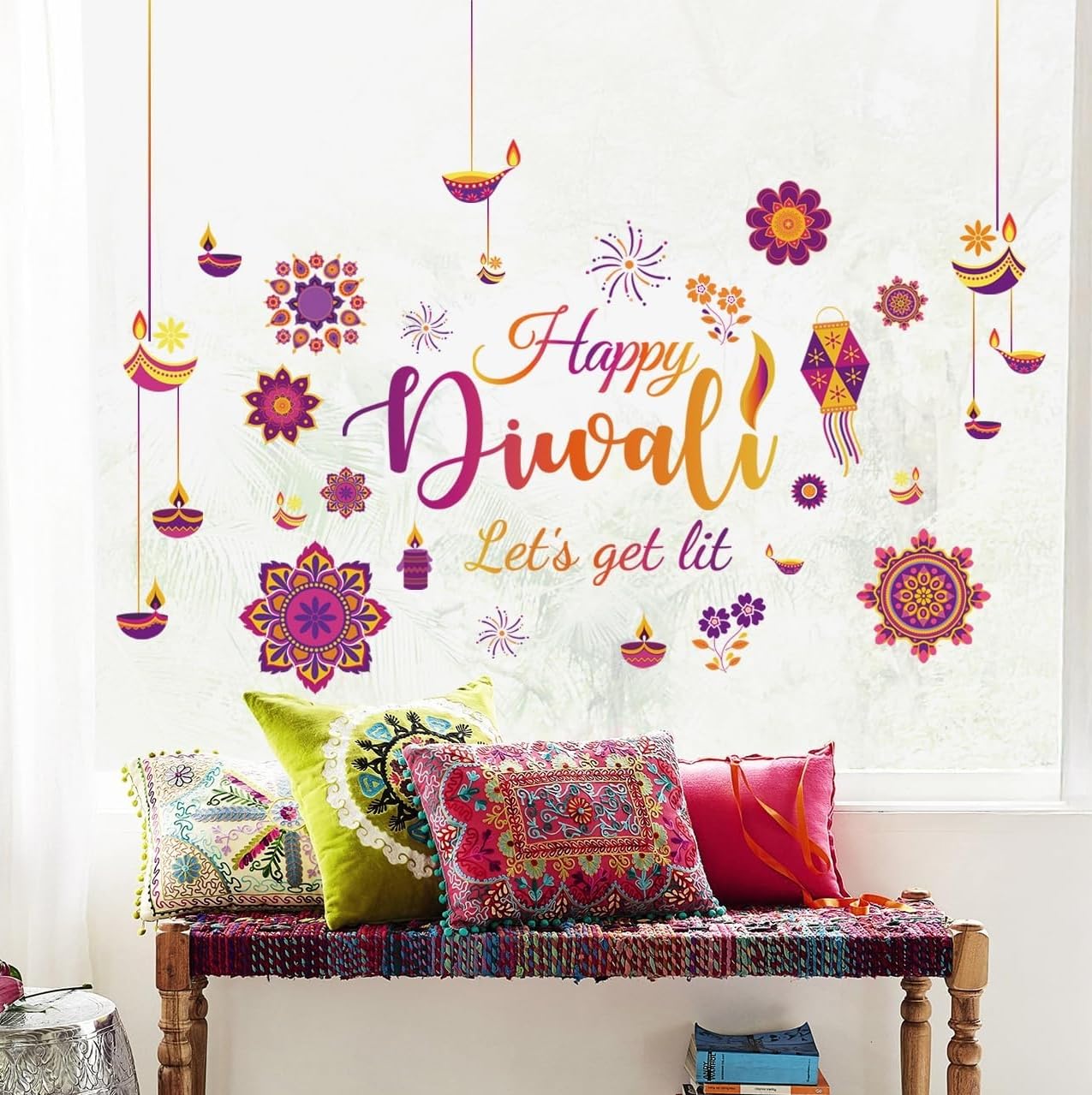 HPNIUB Happy Diwali Wall Stickers Peel and Stick(90*30cm) Let’s Get Lit Diwali Window Clings Double Sided,Multicolor Indian Festival of Light Wall Decal,Diyas Party Decoration Supplies for Living Room - Image 3