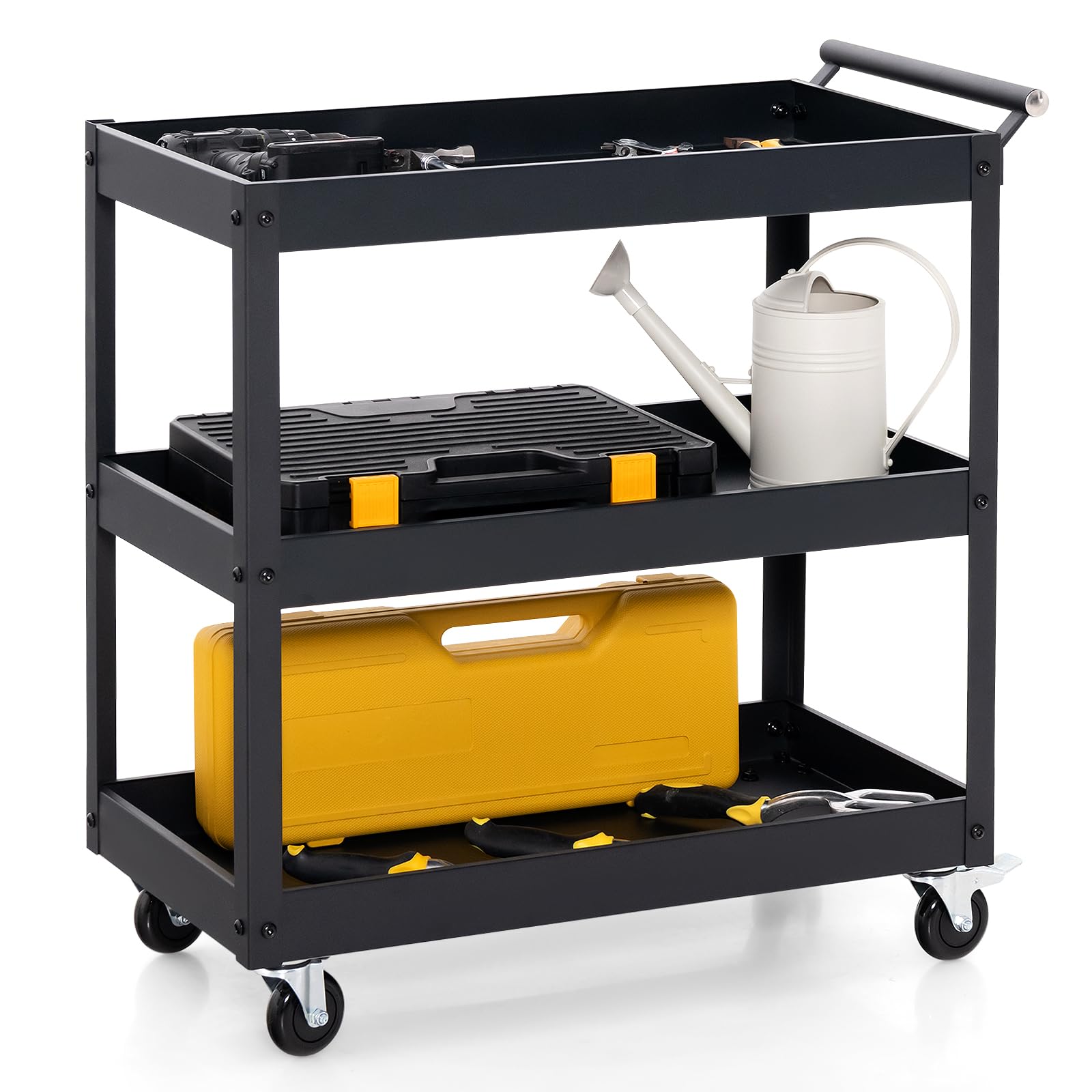 GYMAX Chariot à Outils d'Atelier 3 Niveaux, Chariot de Service en Métal, 4 Roues Universelles dont 2 avec Freins, Charge 120KG, Organisateur de Rangement Mobile, pour Maison, Cuisine, Entrepôt, Garage