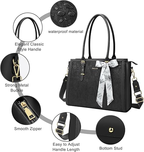 Miniatura 3 de MOSISO Laptop Bag for Women, PU Leather Tote Bag, Front Embossed Retro Hibiscus Computer Bags with Silk Scarf&Clutch Purse