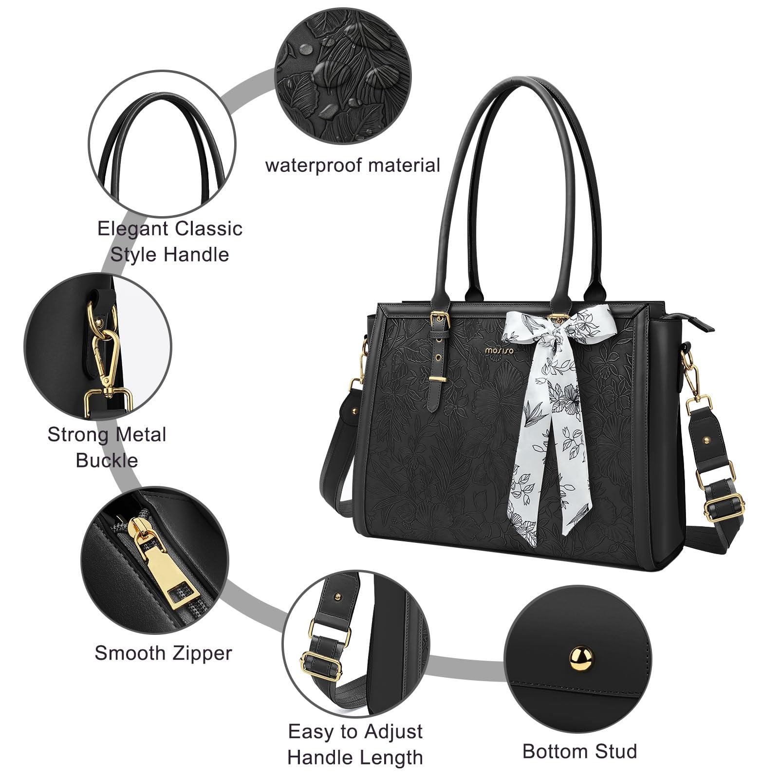 MOSISO Borsa Tote Laptop Donna,17-17,3 Pollici PU Pelle,Compatibile con MacBook,HP,Dell,Asus Notebook,Borsa Computer con Stampa Frontale Rilievo Ibisco Retro, Sciarpa Seta e Pochette,Nero