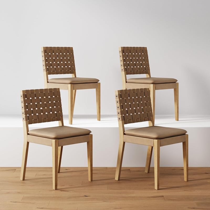 Nathan James Cohen Wood Dining Chair, Mid-Century Modern Upholstered Side Chair with Hand Woven Faux Suede Backrest, Natural Brown, Set of 4