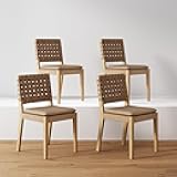 Nathan James Cohen Wood Dining Chair, Mid-Century Modern Upholstered Side Chair with Hand Woven Faux Leather Backrest, Natural Brown, Set of 4