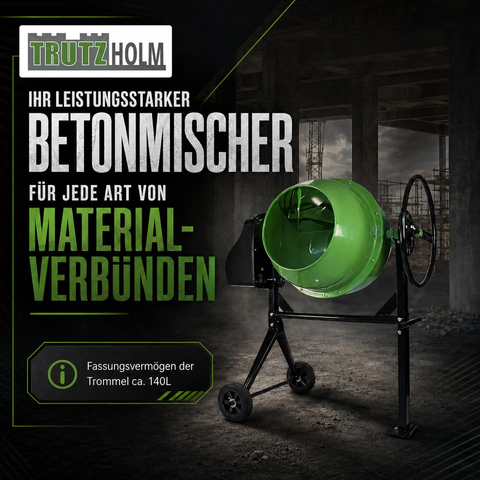 TRUTZHOLM Betonmischer mit 140 Litern Fassungsvermögen 550 Watt Drehzahl 30 U/Min, langlebig, robust, Zahnräder aus Guss, Zementmischer für Beton, Mörtel, Gips, Saat