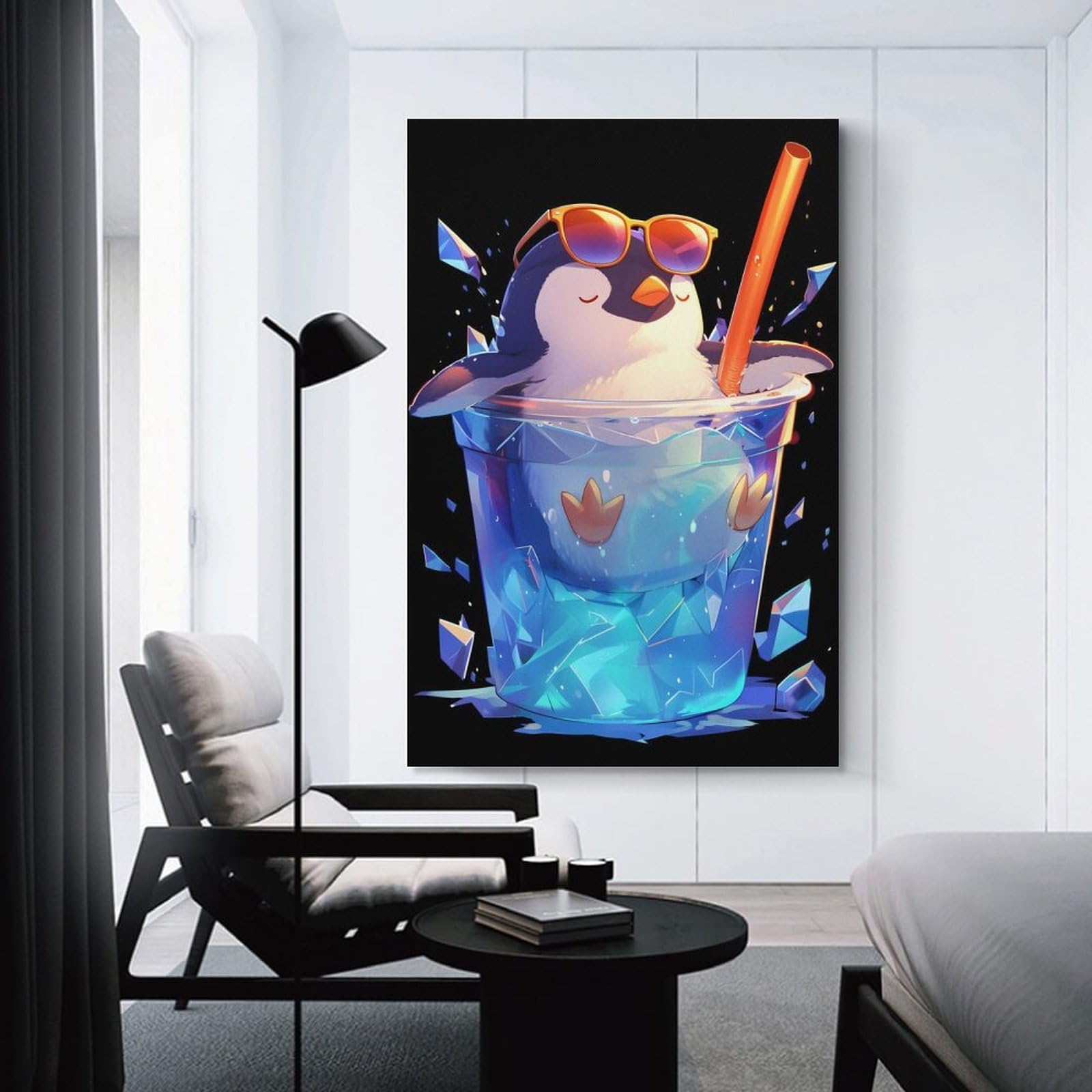 Junmoney Wall Decor Canvas Print Ice Cold Penguin Drink, 20x30inch(50x75cm), for Bedroom, Lounge Or Dressing Area, Stylish Decor for A Restful Room Update