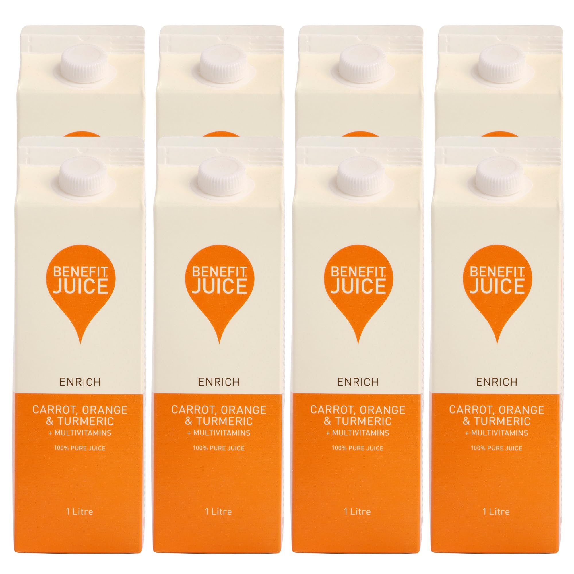 Benefit Drinks Pure Carrot, Orange & Turmeric Juice with Vitamin A, C and E - 8 x 1L Pack - Healthy Drinks Superfood