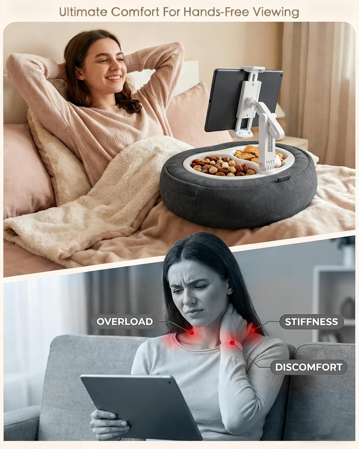 Miledi Tablet Pillow Stand, Compatible with 5"-12.9" Kindle, iPad, Phone/Tablet, 360° Rotating Phone Holder for Bed, Soft Plush Fabric, Detachable Bowl, Reading and Relaxation on Bed, Black