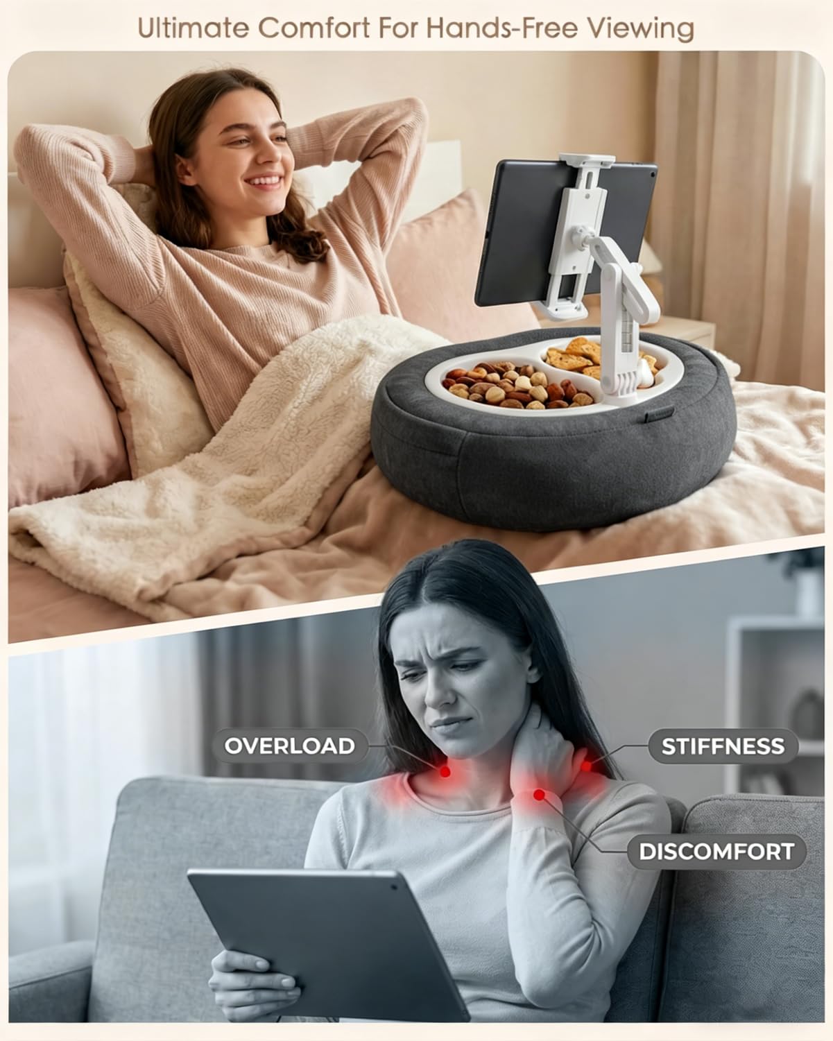 Tablet-Kissenständer, kompatibel mit 5-12,9 Zoll Kindle, iPad, Handy/Tablet, Google, Samsung, 360° drehbare Handyhalterung für Bett, weicher Plüschstoff, abnehmbare Schüssel, Lesen und Entspannen auf