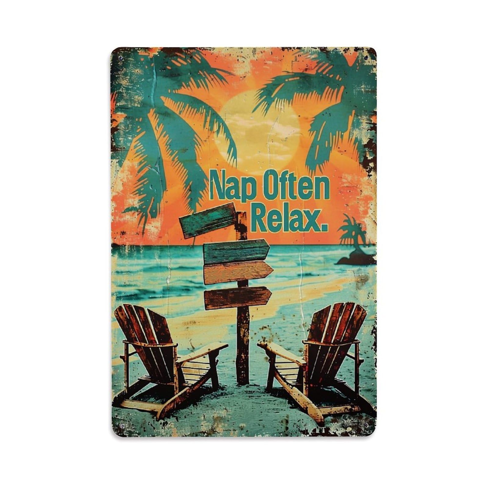 Tropical Beach Sunset Chairs Sign Retro Metal Tin Sign, Vintage Decor Art Poster for Bar, Home, Man Cave, Kitchen, Laundry Room Gift 8x12Inch
