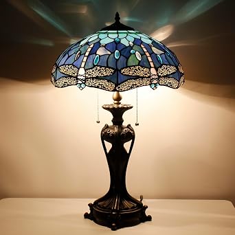 Tiffany Lamp2 Lights Stained Glass Table Lamp Bedside Desk | Reading Light 16X16X24 Inch Decor Bedroom Living Room Home Office Blue Dragonfly