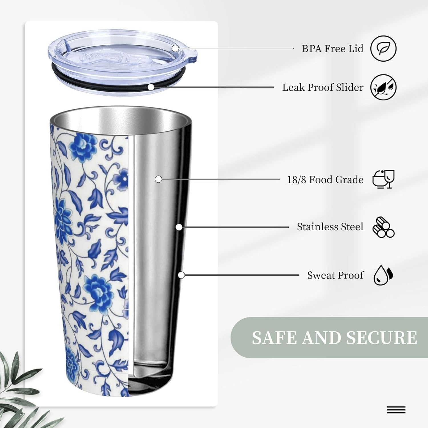 Floral Tumbler with Lid and Straw Flower 20oz Insulated Stainless Steel Cup Blue Travel Coffee Mug Water Bottle for Women Gift for Birthday Christmas - Image 4