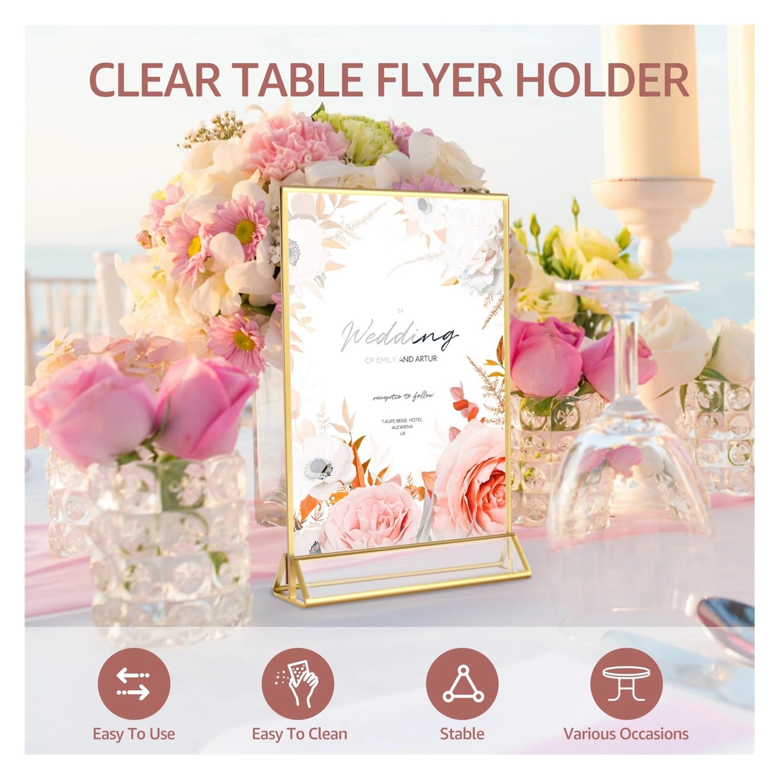 24/6 soportes transparentes para letreros de acrílico con bordes dorados, soportes de menú para mesa de boda, oficina, soporte de tarjeta (dorado, 4 x 6 pulgadas, 24 unidades)