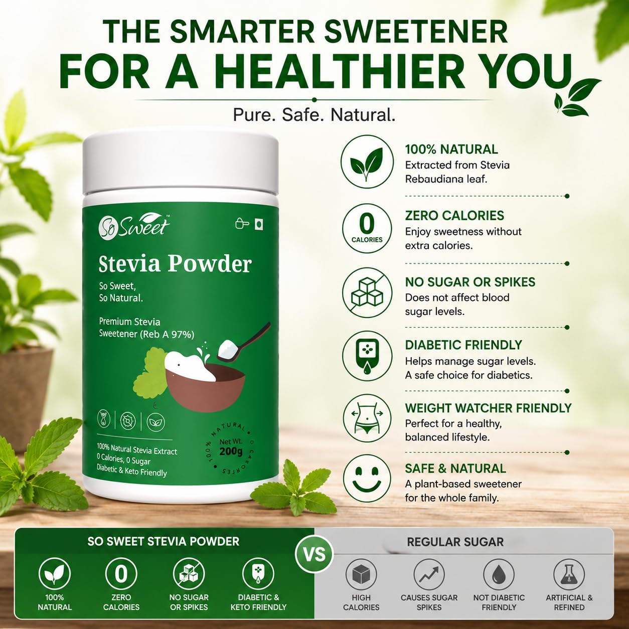 So Sweet Stevia Powder Sugar Free Natural Zero Calorie Sweetener 1000gm (Pack of 5) (200g Each) 4