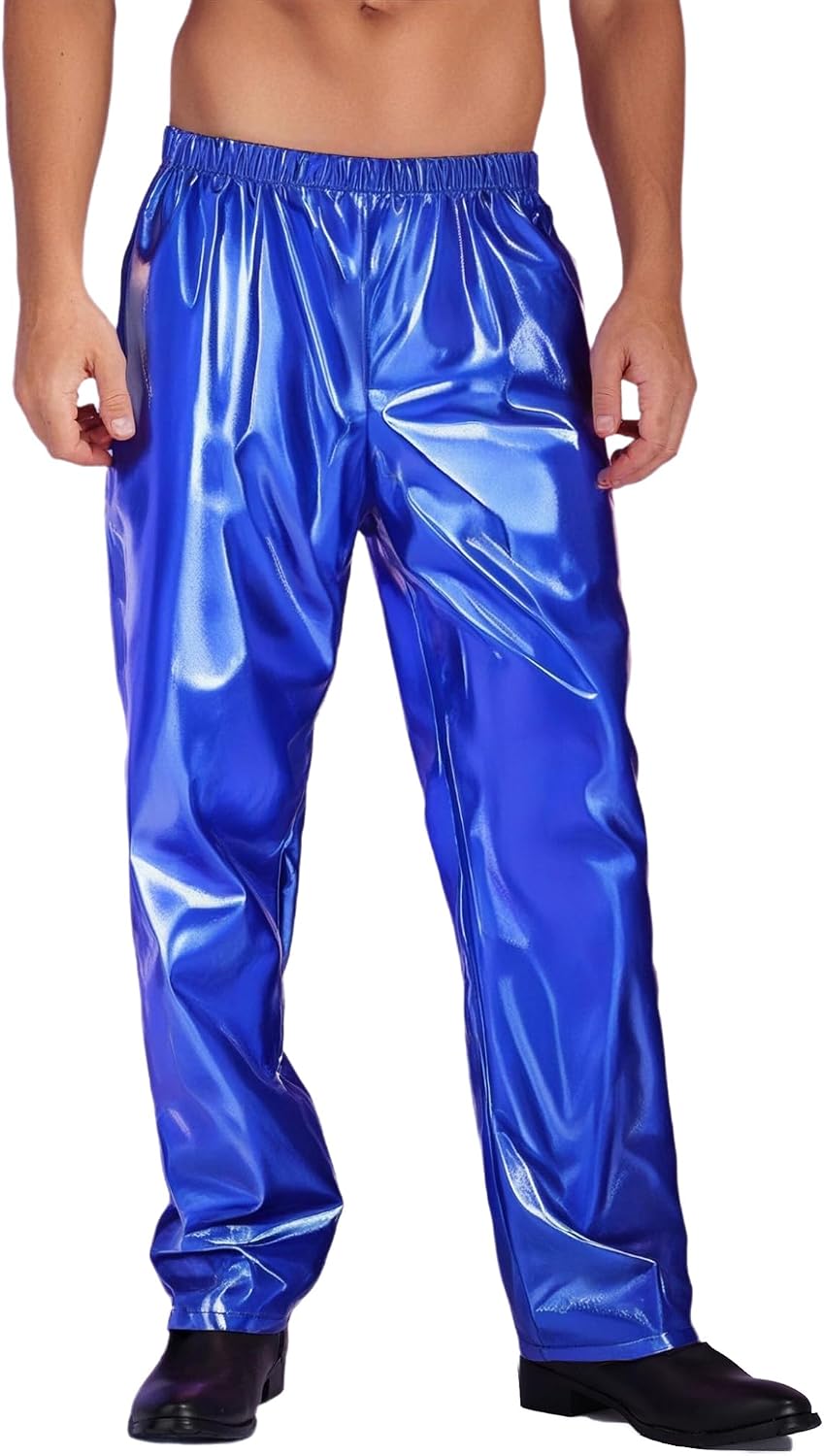 Men's Elastic Waist Metallic Pants Disco Trousers Loose Straight Leg Pants Clubwear Streetwear