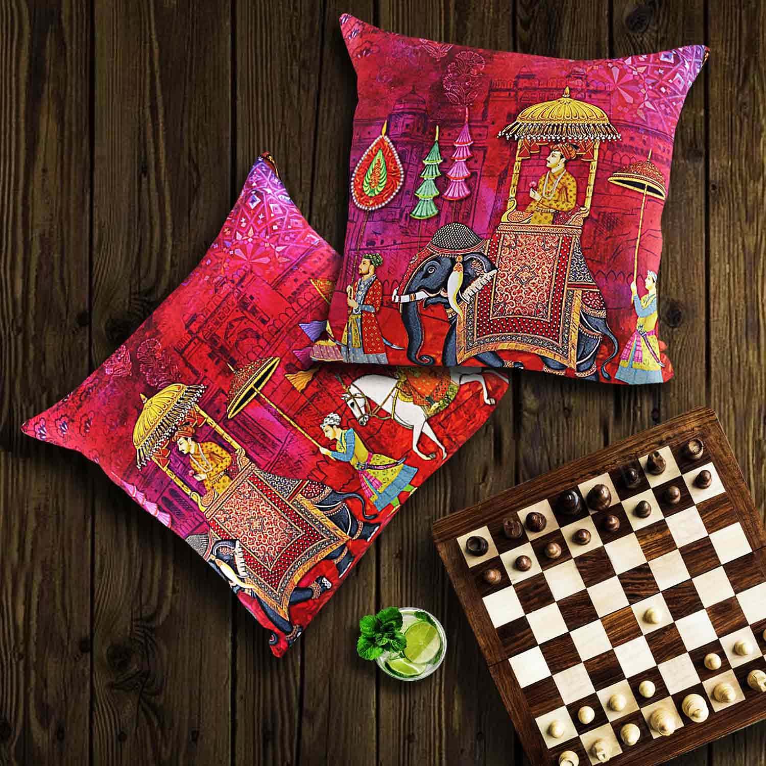 The Bombay Store - Satin King Procession Designer Digital Print Cushion Cover (Set of 2) - 16 x 16 in